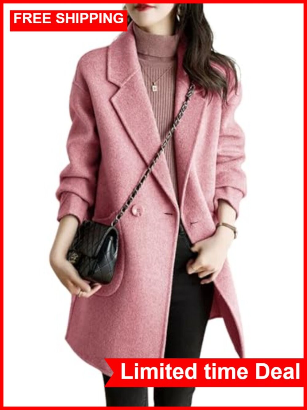 Wool Blend Herringbone Pea Coat Double Breasted Midi Winter Work Coat